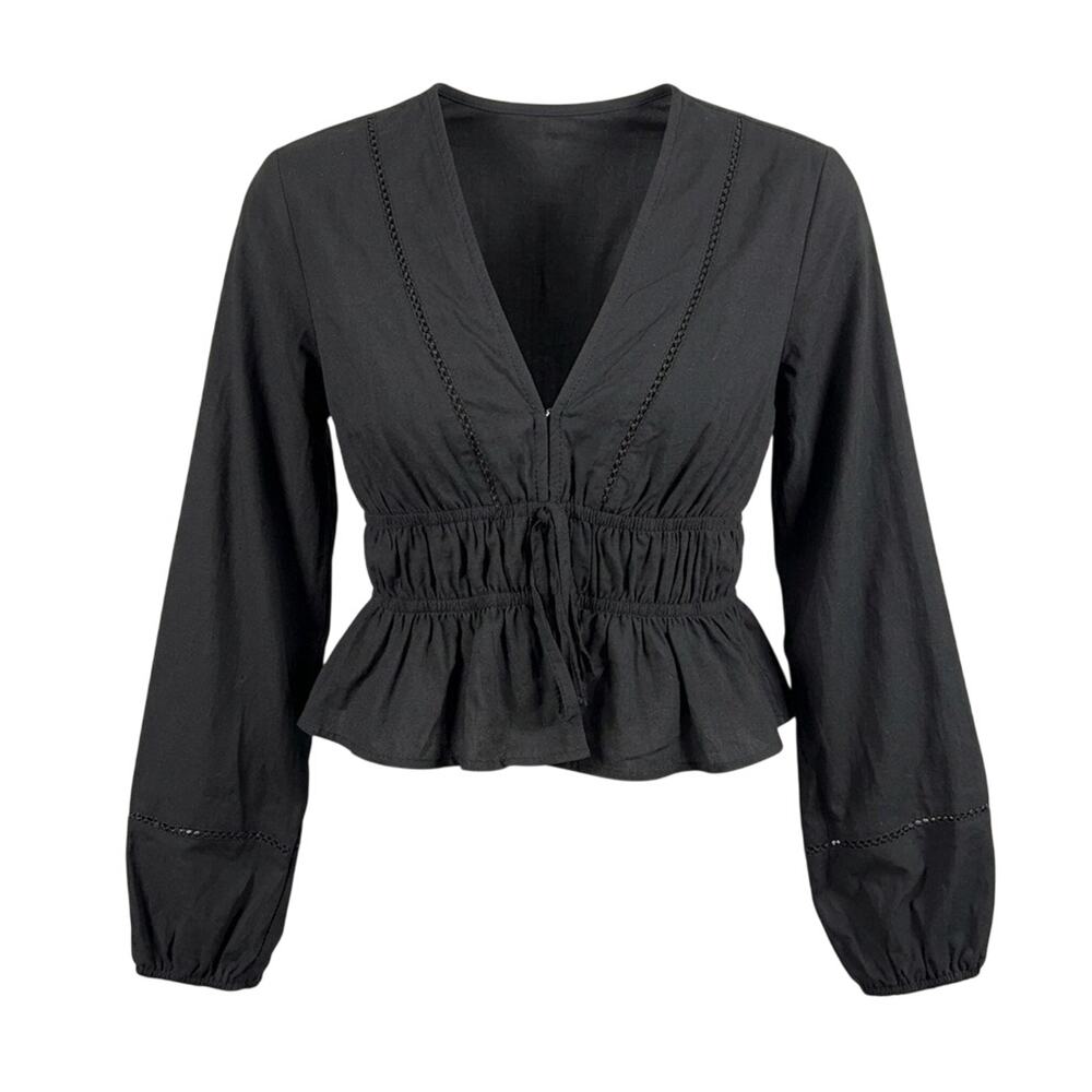 Black V-Neck 100% Cotton Peplum Top Balloon Sleeve Smocked Romantic Grunge S